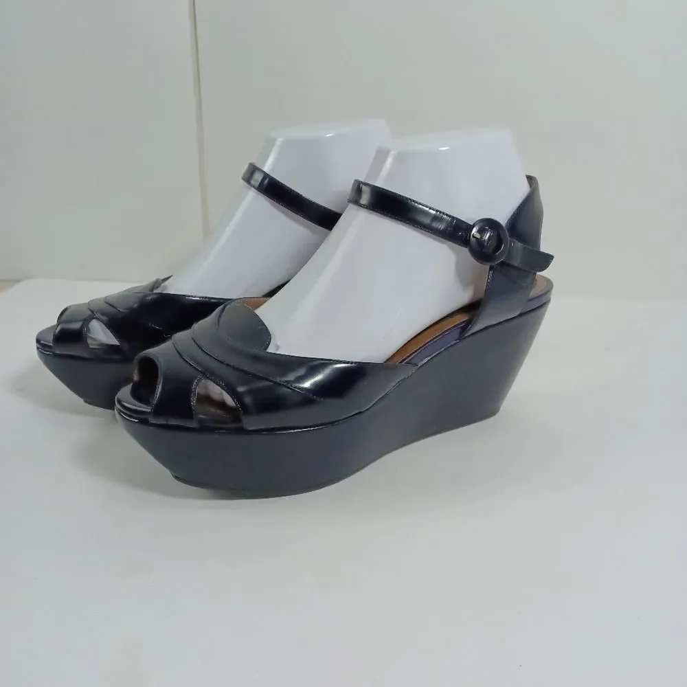 Marni Women's Blue Patent Leather wedge platform Strap Ankle Sandals Eu38 Us7,5